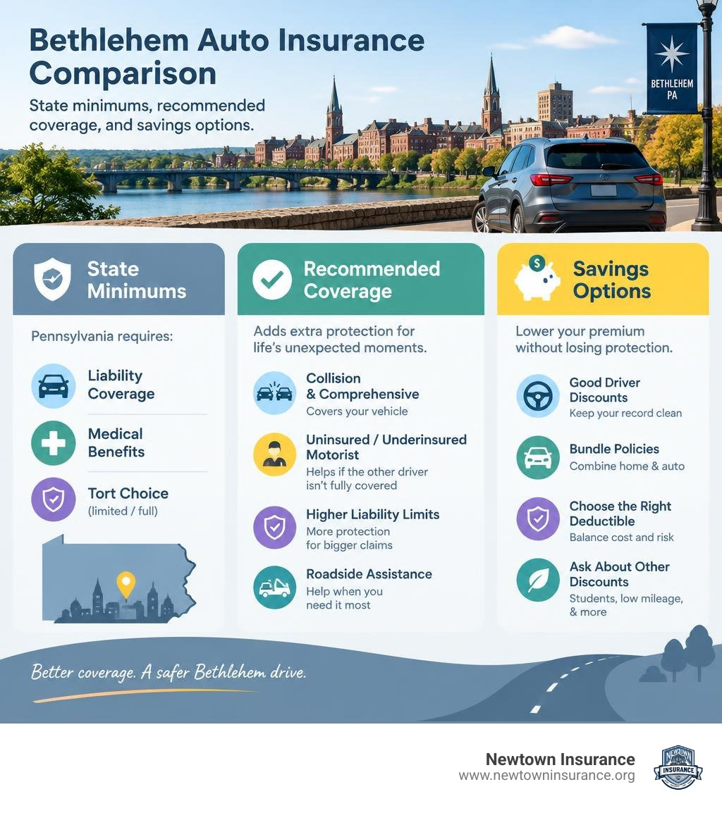 Bethlehem auto insurance comparison: state minimums, recommended coverage, and savings options infographic