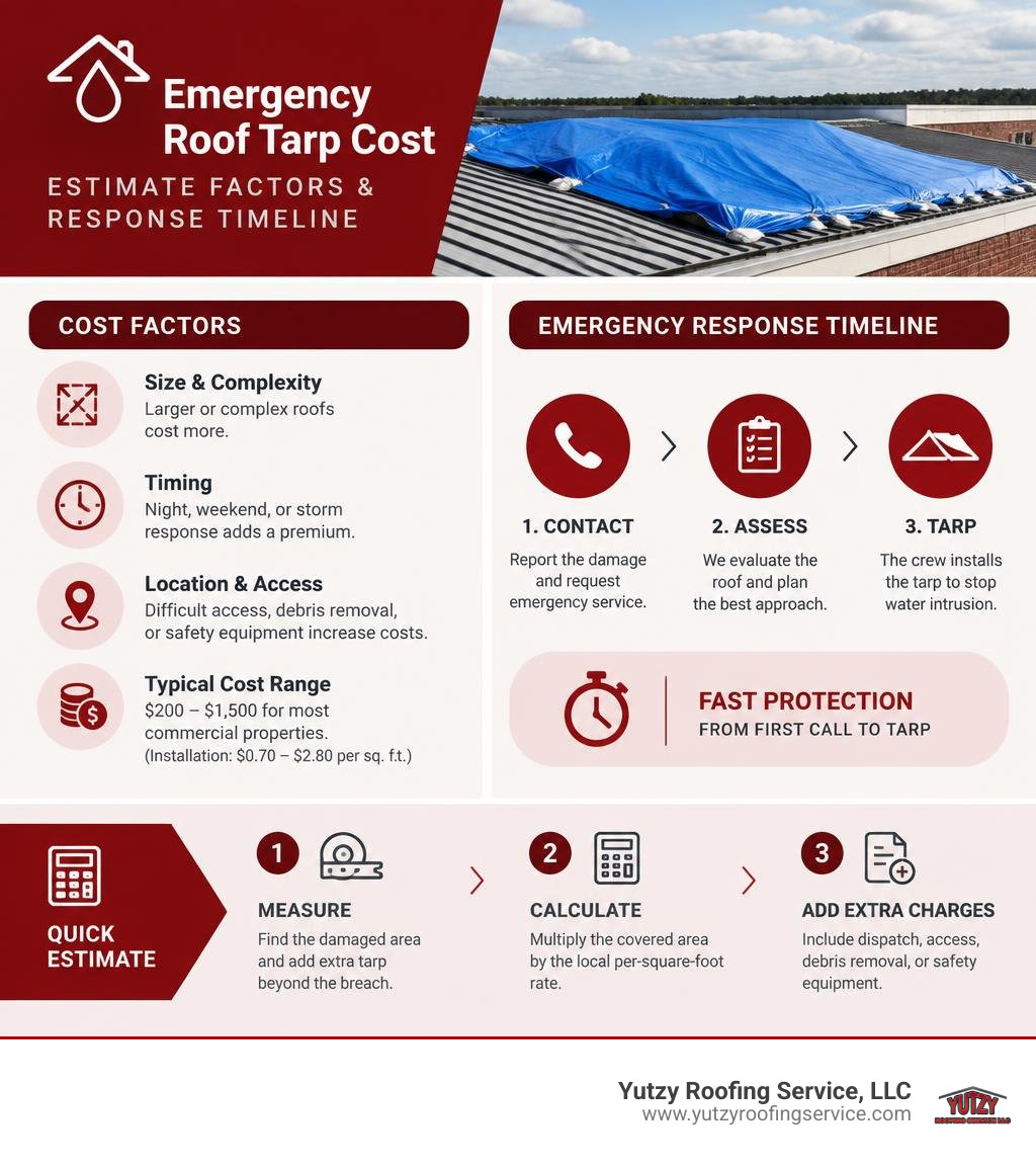 Emergency roof tarp cost estimate factors and emergency response timeline infographic Emergency roof tarp cost estimate factors and emergency response timeline infographic