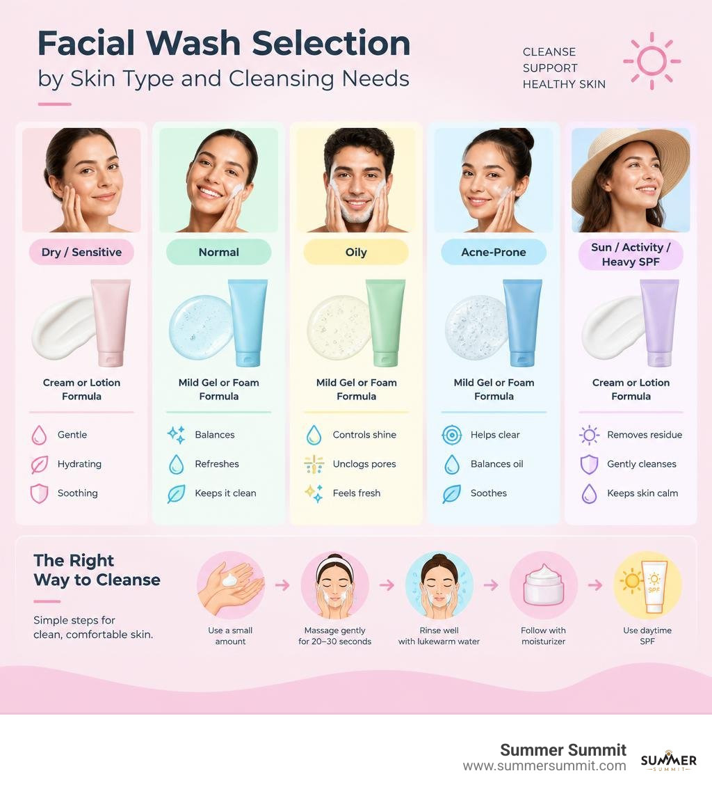 facial wash selection by skin type and cleansing needs infographic