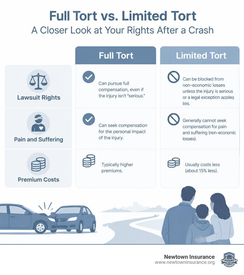 Full tort versus limited tort comparison of lawsuit rights, pain and suffering, and premium costs infographic