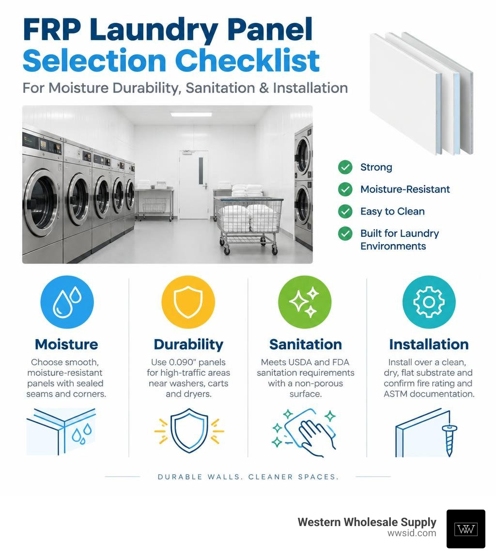 FRP laundry panel selection checklist for moisture durability sanitation and installation infographic FRP laundry panel selection checklist for moisture durability sanitation and installation infographic