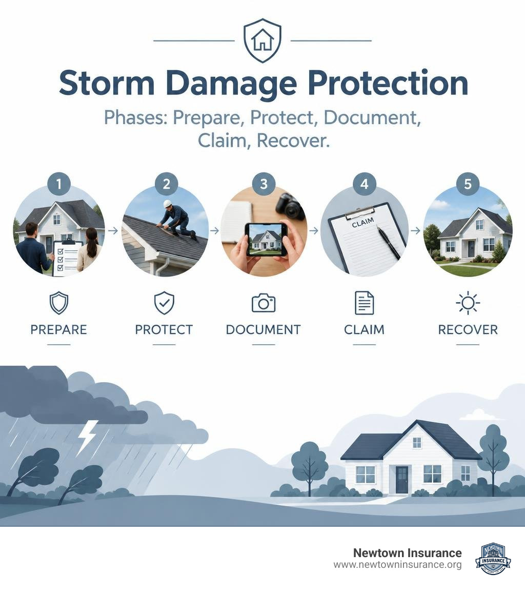 Storm damage protection phases: prepare, protect, document, claim, recover infographic Storm damage protection phases: prepare, protect, document, claim, recover infographic
