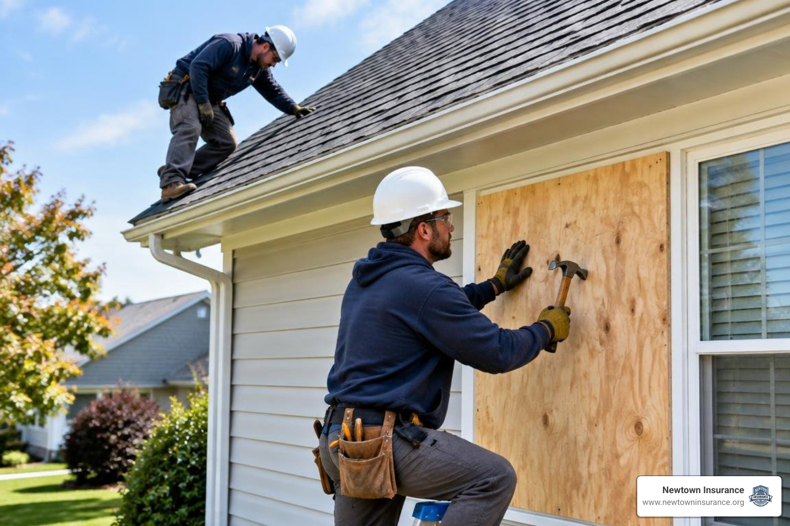 Technician reinforcing residential roof and windows Technician reinforcing residential roof and windows