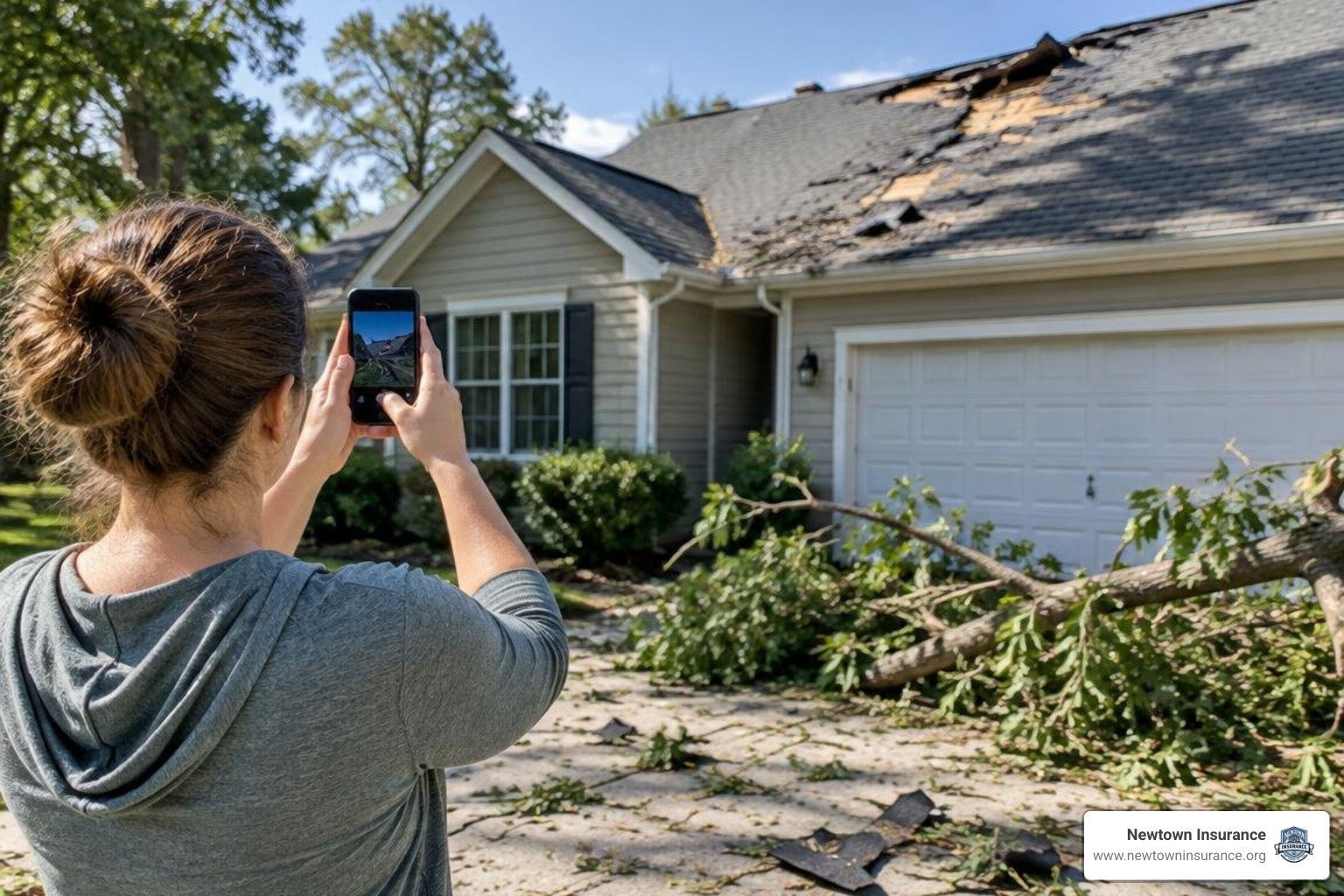 Homeowner photographing storm debris and roof damage Homeowner photographing storm debris and roof damage