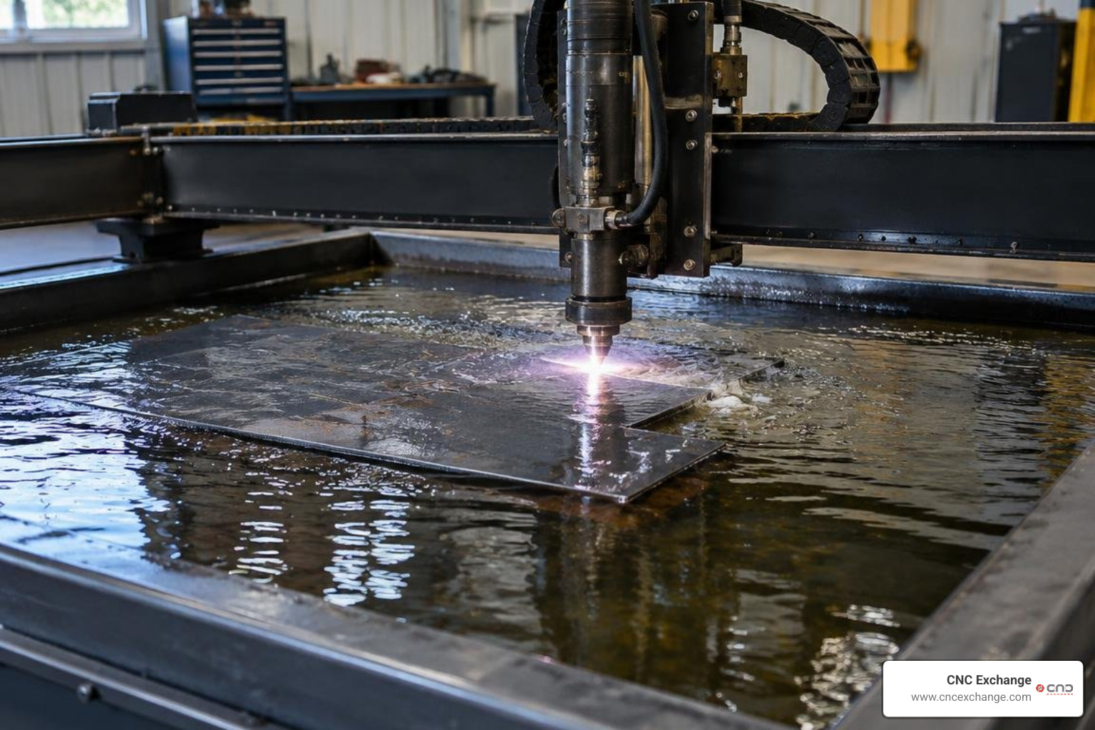 CNC plasma table with waterbed suppressing cutting smoke and sparks