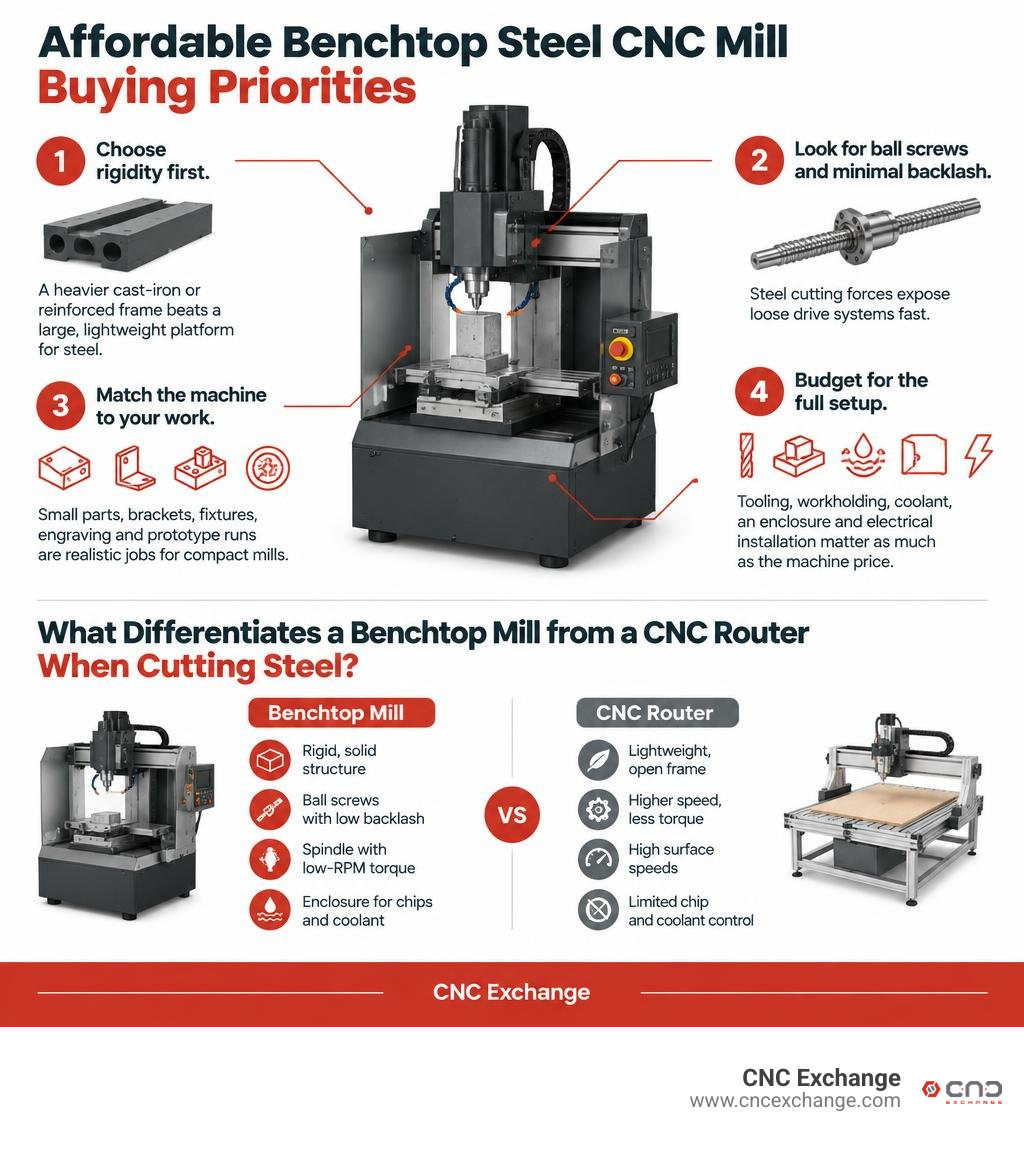 Affordable benchtop steel CNC mill buying priorities infographic