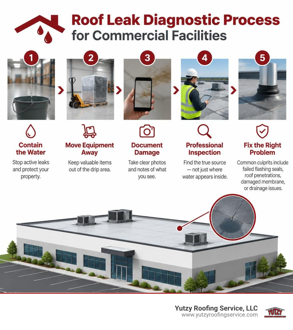 Roof leak diagnostic process for commercial facilities infographic Roof leak diagnostic process for commercial facilities infographic