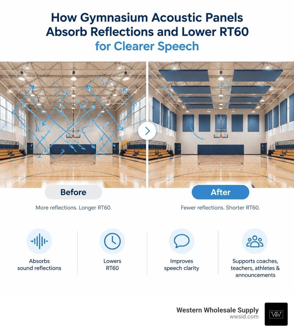 How gymnasium acoustic panels absorb reflections and lower RT60 for clearer speech infographic How gymnasium acoustic panels absorb reflections and lower RT60 for clearer speech infographic