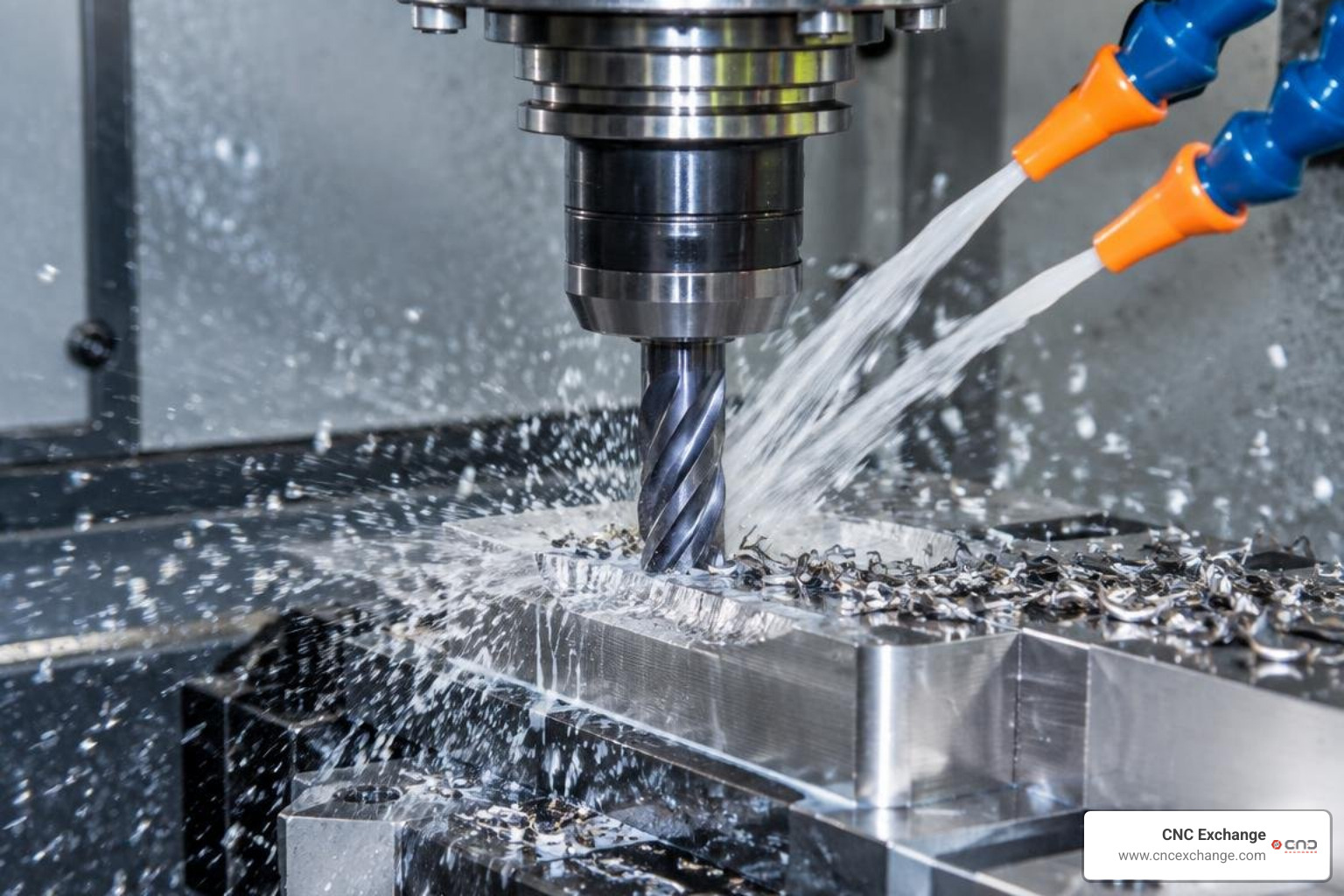 Coated carbide end mill machining stainless steel with flood coolant inside a full enclosure