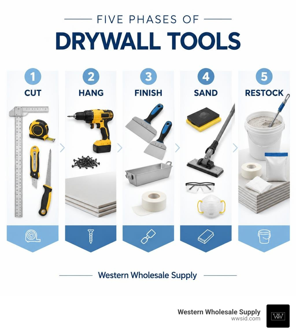 Five phases of drywall tools: cut, hang, finish, sand, and restock infographic Five phases of drywall tools: cut, hang, finish, sand, and restock infographic