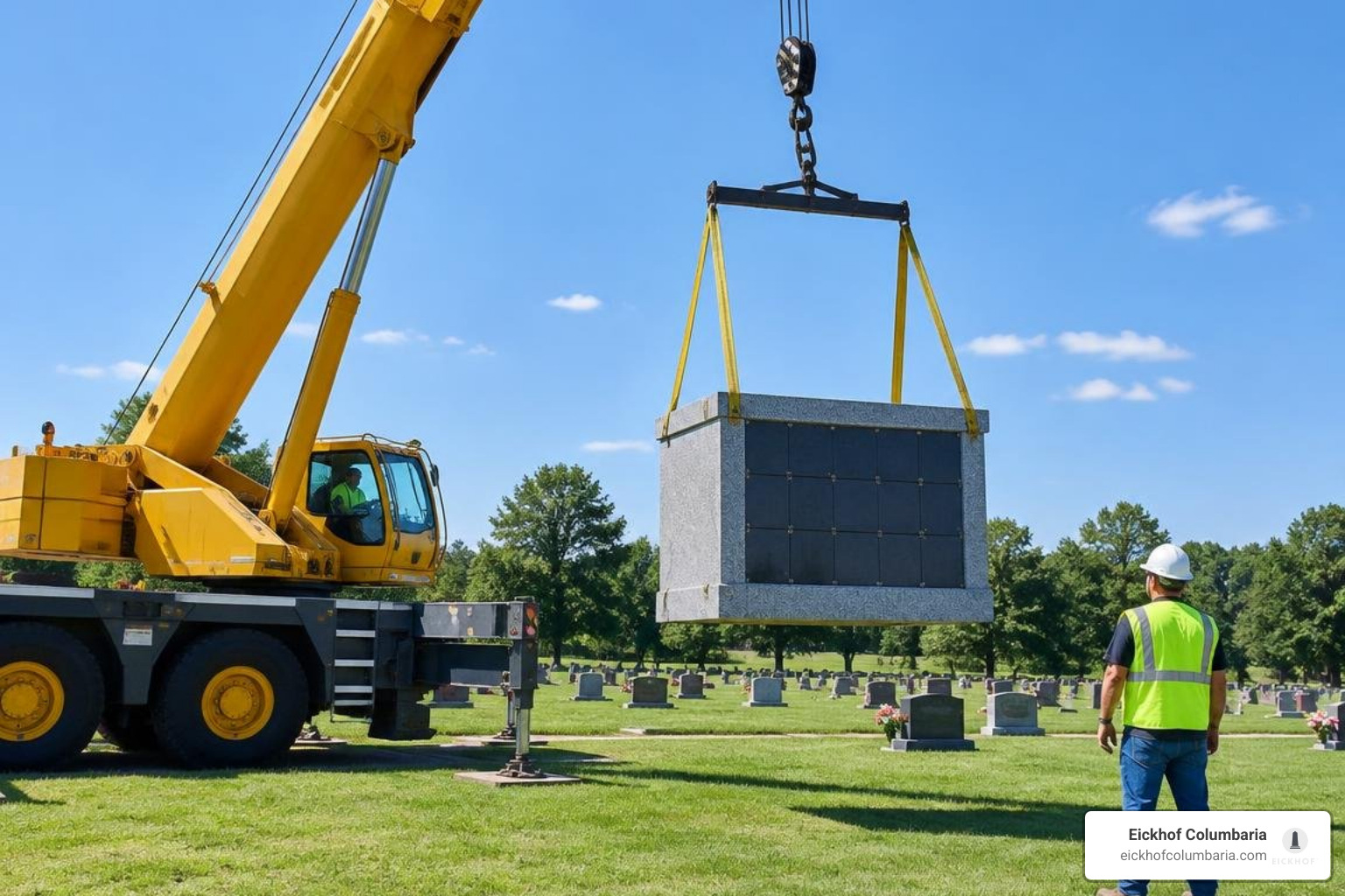 Mobile crane hoisting and setting a pre-assembled columbarium unit Mobile crane hoisting and setting a pre-assembled columbarium unit