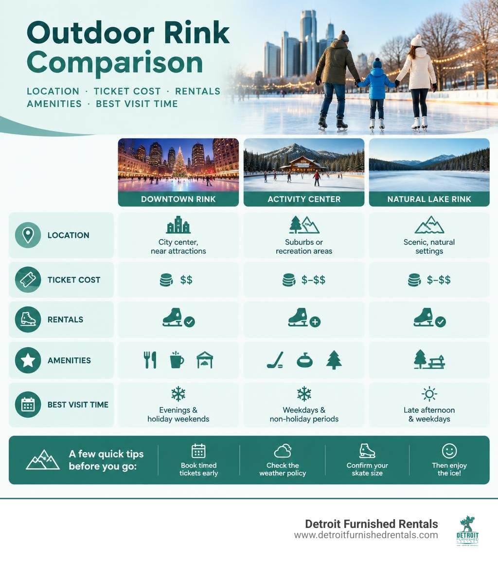 Outdoor rink comparison: location, ticket cost, rentals, amenities, and best visit time infographic