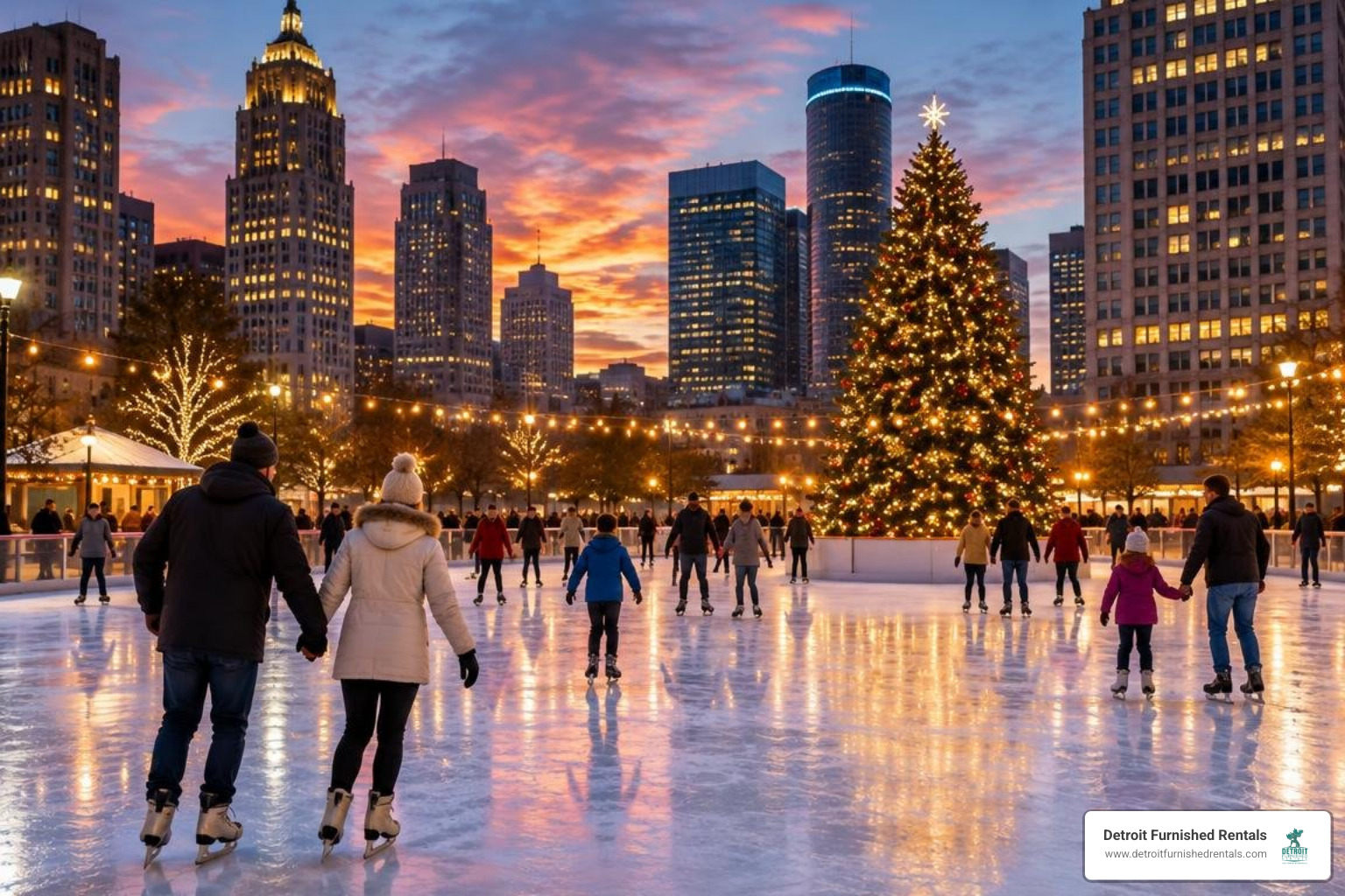 skaters gliding across an open air city center ice rink surrounded by lights