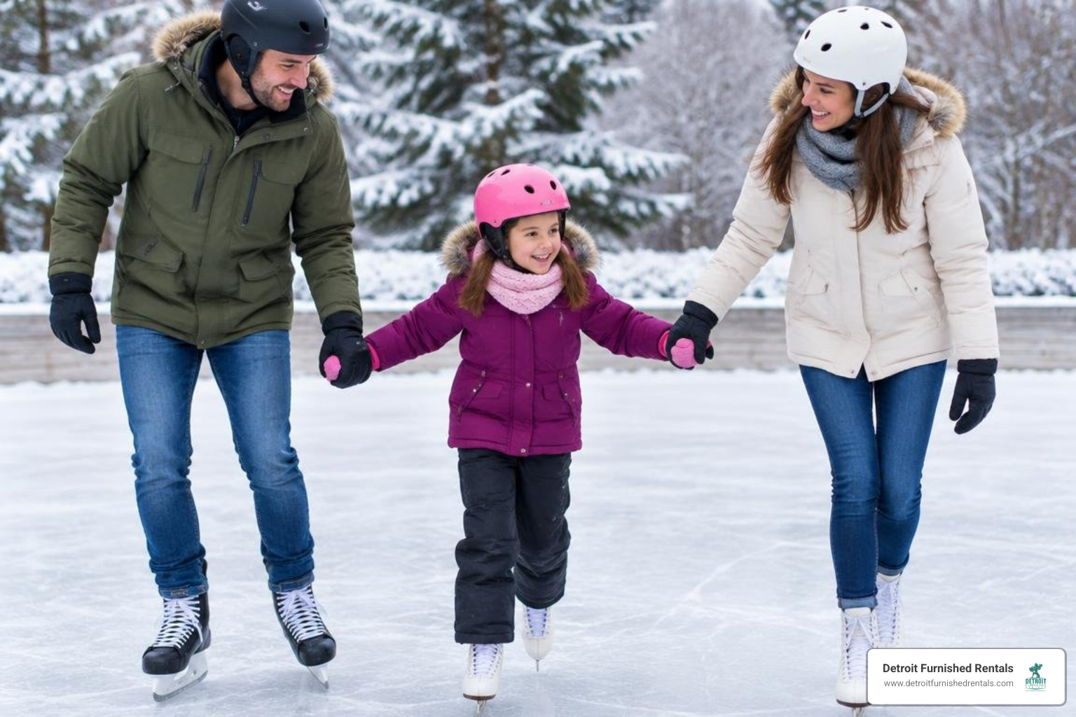 family wearing warm winter clothes and protective helmets skating on an outdoor rink