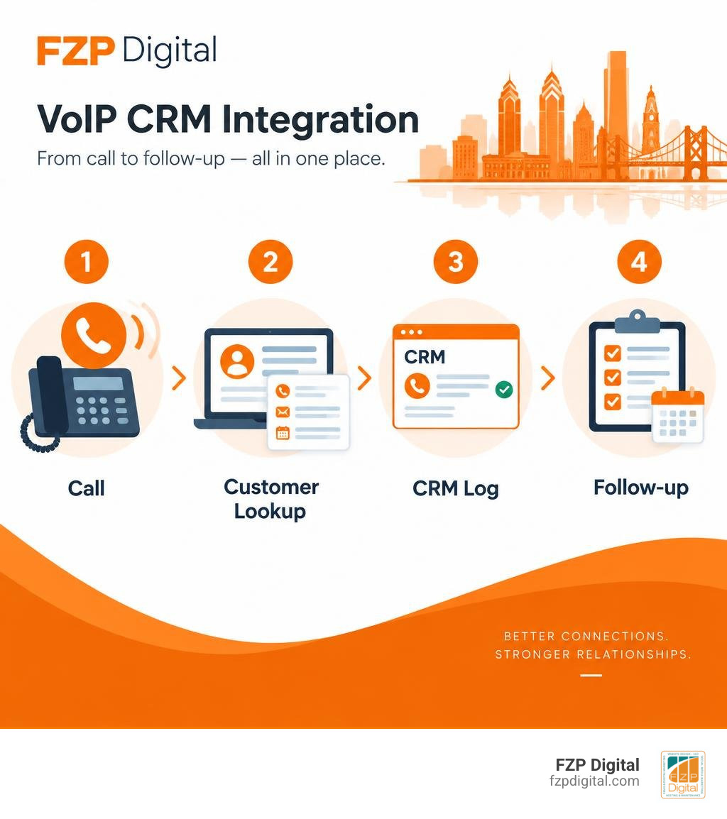 Infographic showing VoIP CRM integration steps: call, customer lookup, CRM log, follow-up infographic Infographic showing VoIP CRM integration steps: call, customer lookup, CRM log, follow-up infographic