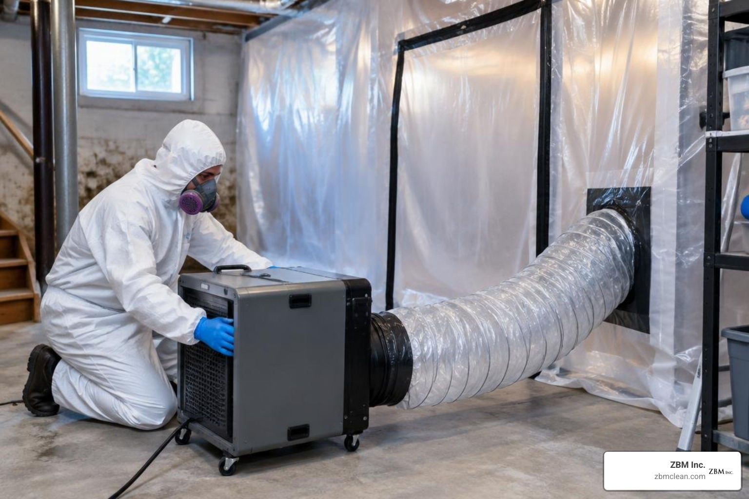 Technician setting up negative air containment for mold remediation Technician setting up negative air containment for mold remediation
