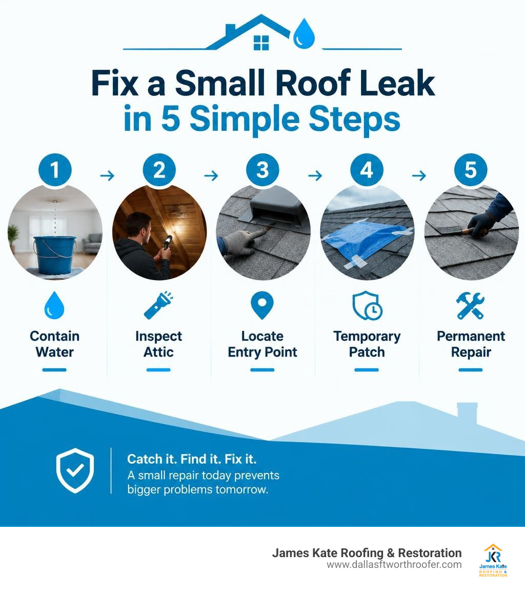 Infographic showing contain water, inspect attic, locate entry point, temporary patch, permanent repair infographic Infographic showing contain water, inspect attic, locate entry point, temporary patch, permanent repair infographic