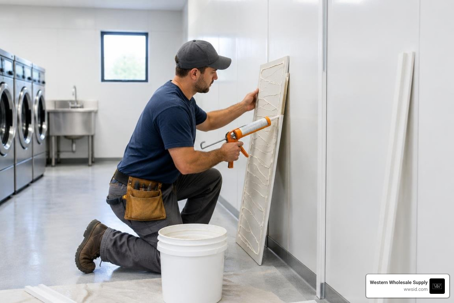 contractor applying adhesive and installing divider trim on wall panels contractor applying adhesive and installing divider trim on wall panels
