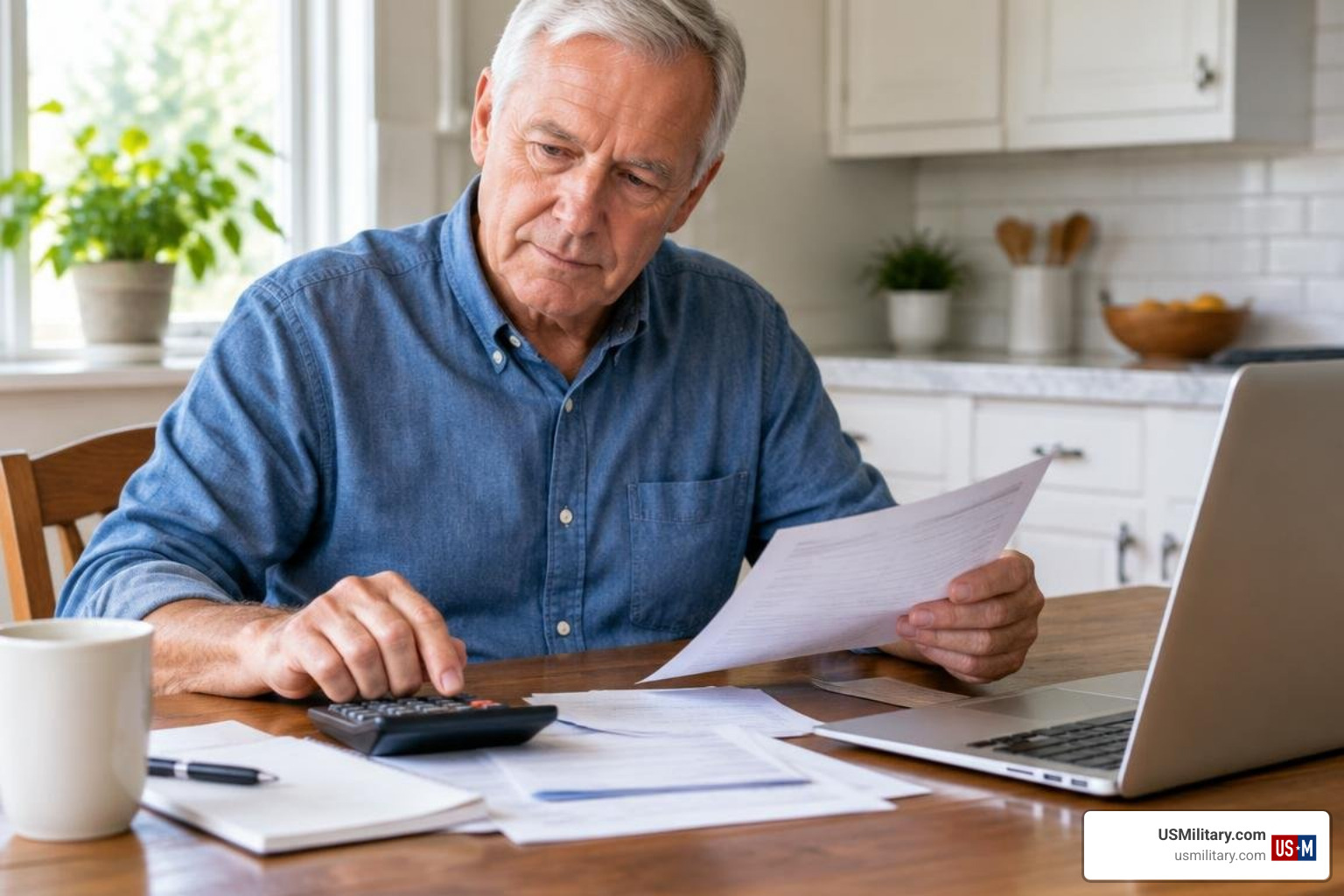 American veteran reviewing retirement finances American veteran reviewing retirement finances