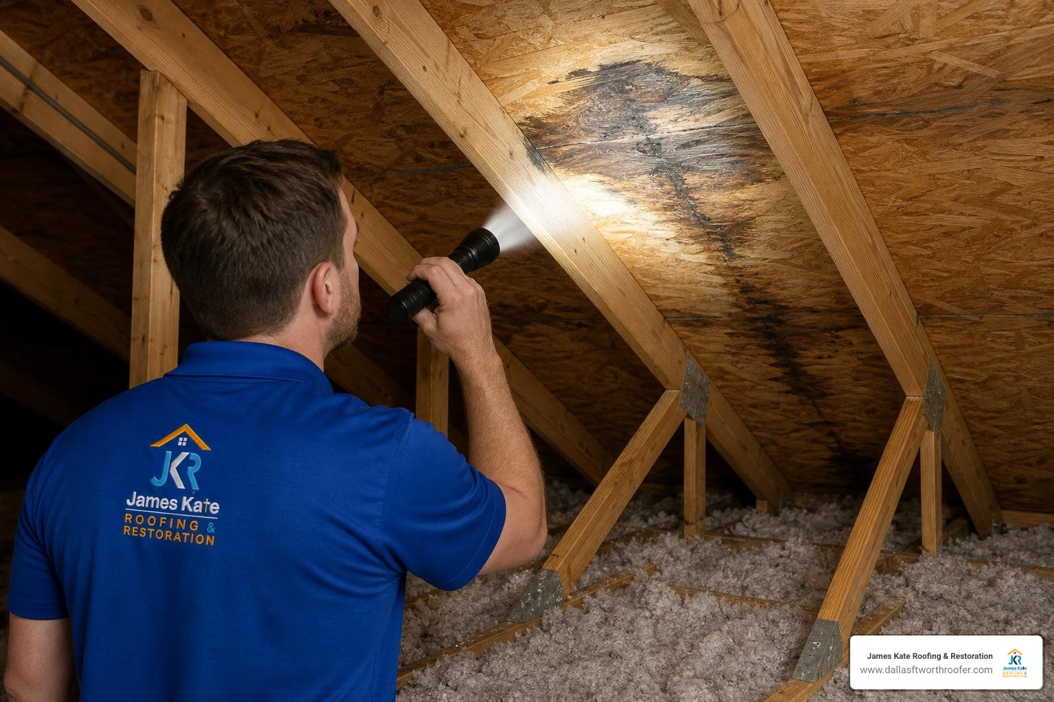 A homeowner inspecting attic decking with a flashlight for roof leak trails A homeowner inspecting attic decking with a flashlight for roof leak trails