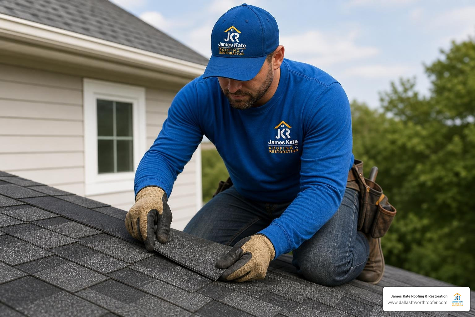 A professional wearing a royal blue shirt that says James Kate on it replacing a shingle A professional wearing a royal blue shirt that says James Kate on it replacing a shingle