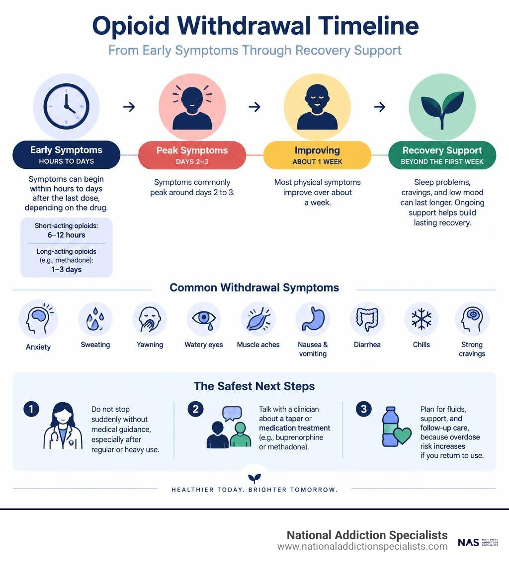Opioid withdrawal timeline from early symptoms through recovery support infographic Opioid withdrawal timeline from early symptoms through recovery support infographic
