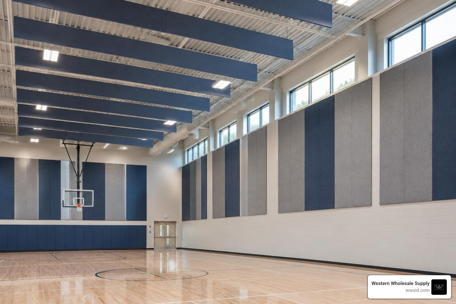 High-density acoustic wall panels and ceiling baffles installed in a sports facility High-density acoustic wall panels and ceiling baffles installed in a sports facility