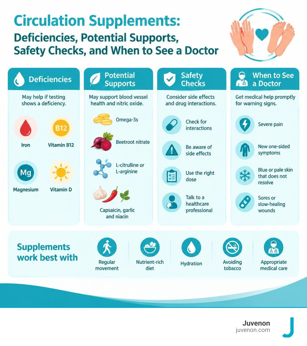 Circulation supplements: deficiencies, potential supports, safety checks, and when to see a doctor infographic