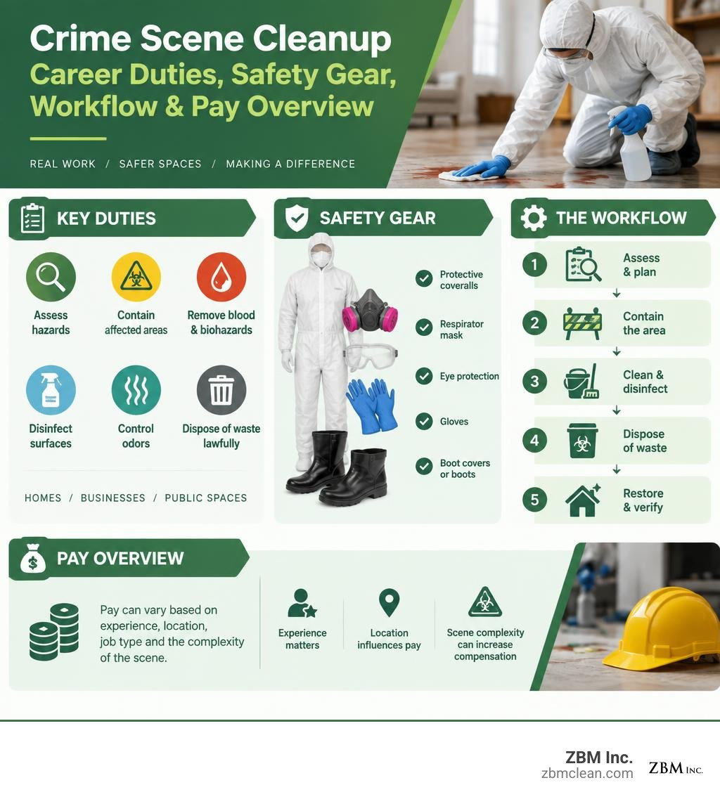 Crime scene cleanup career duties safety gear workflow and pay overview infographic Crime scene cleanup career duties safety gear workflow and pay overview infographic
