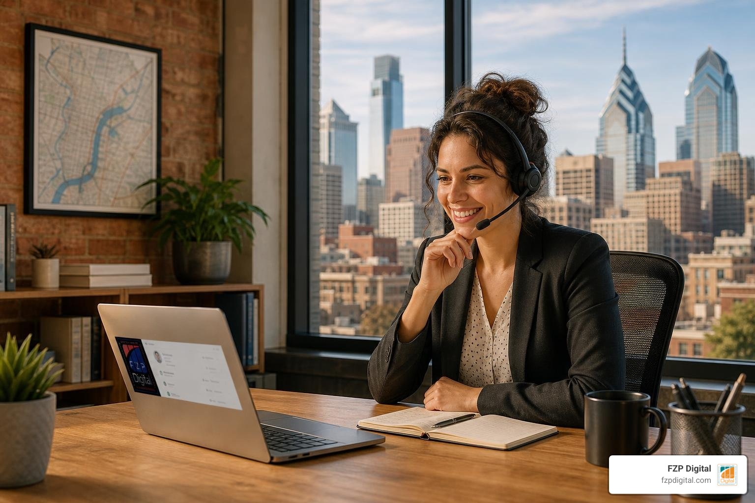 VoIP CRM integration with FZP Digital logo and Philadelphia skyline