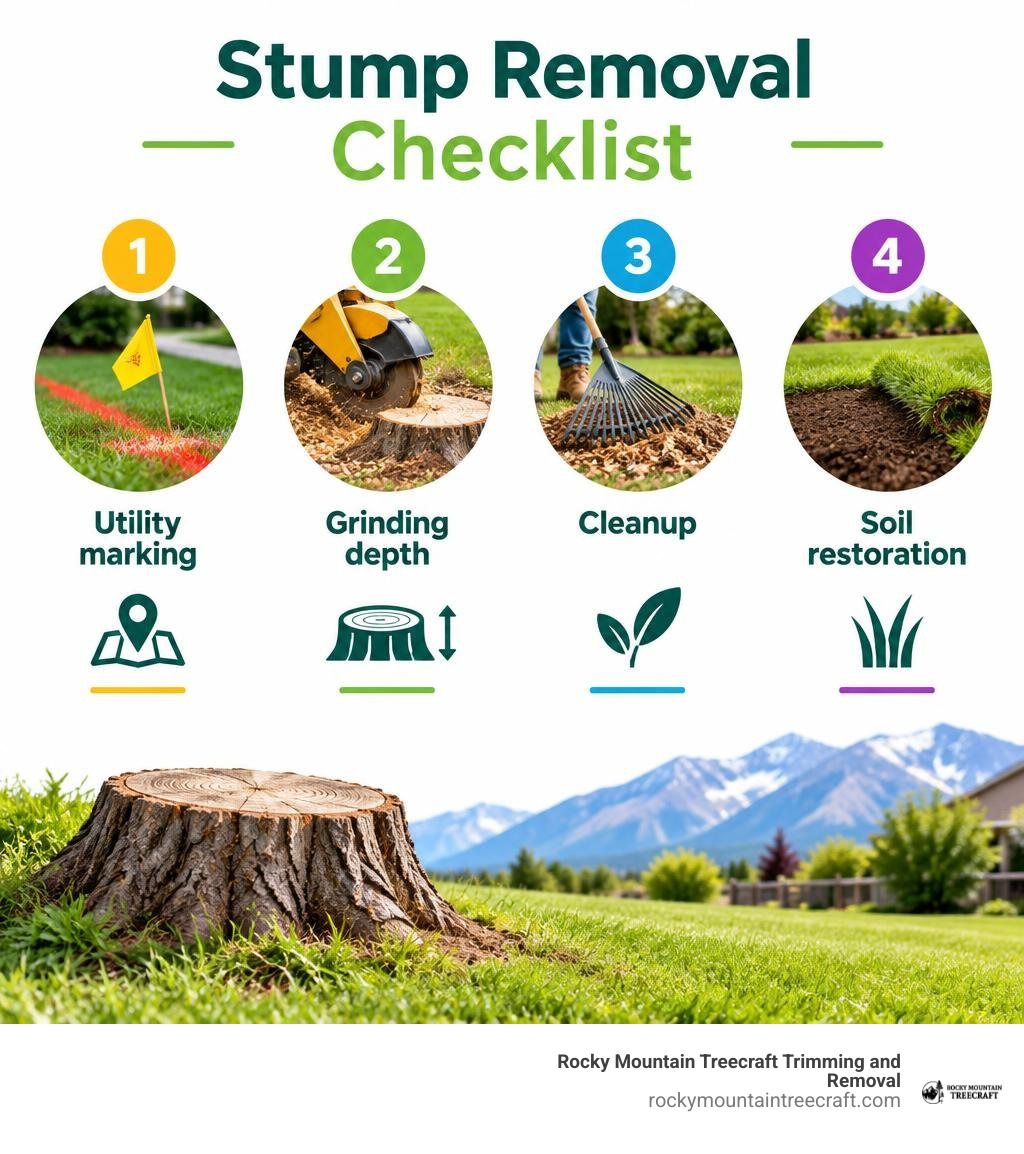 Stump removal checklist: utility marking, grinding depth, cleanup, soil restoration infographic