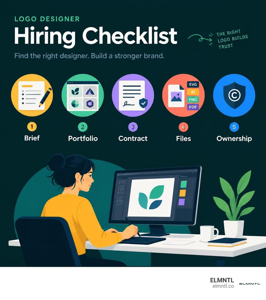 Logo designer hiring checklist: brief, portfolio, contract, files, ownership infographic Logo designer hiring checklist: brief, portfolio, contract, files, ownership infographic