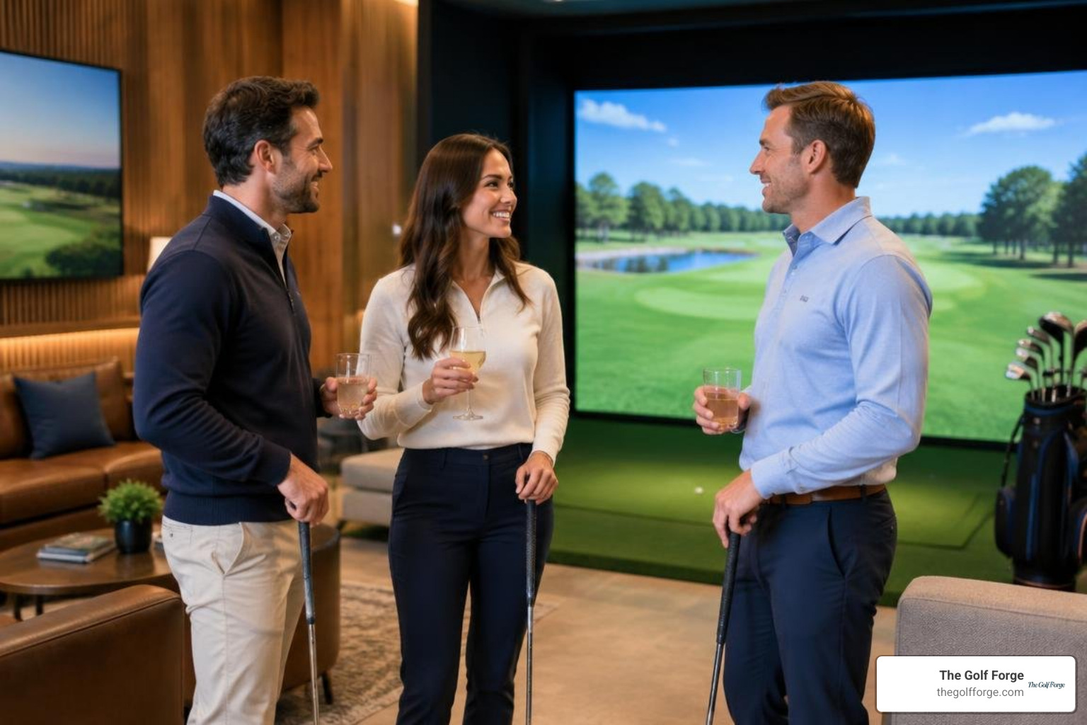 professionals networking in a luxury indoor golf simulator bay professionals networking in a luxury indoor golf simulator bay