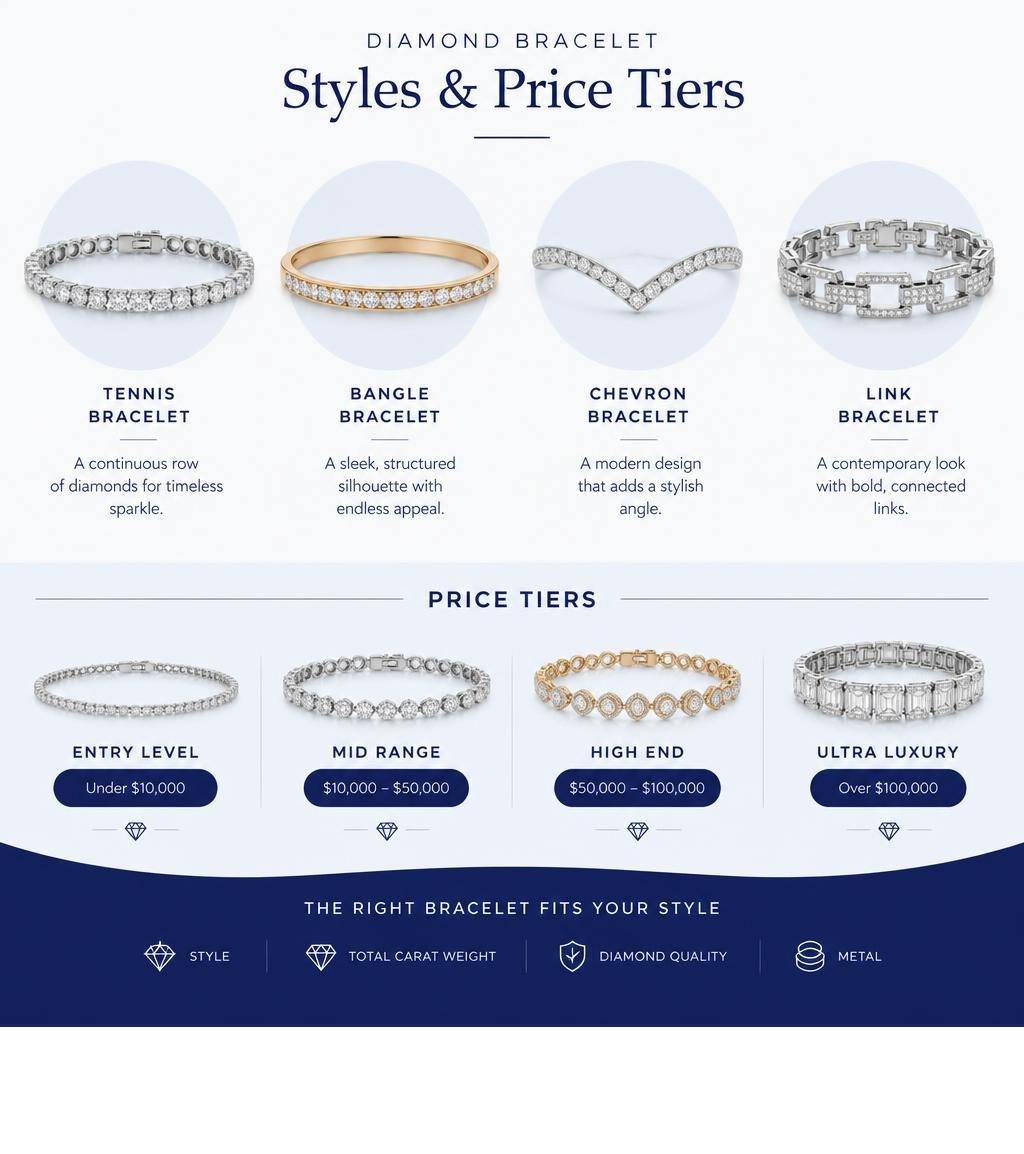 Diamond bracelet styles and price tiers infographic Diamond bracelet styles and price tiers infographic