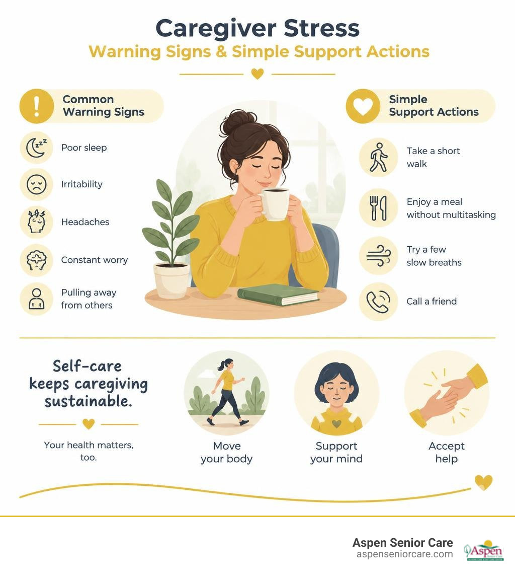 caregiver stress warning signs and simple support actions infographic