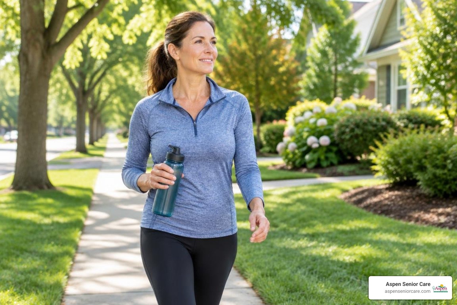 family caregiver taking a brisk morning outdoor walk