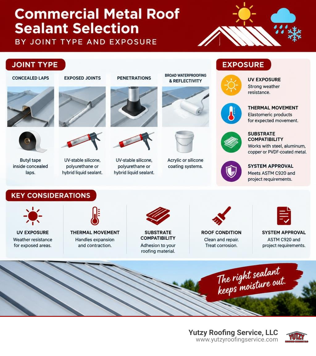 Commercial metal roof sealant selection by joint type and exposure infographic Commercial metal roof sealant selection by joint type and exposure infographic