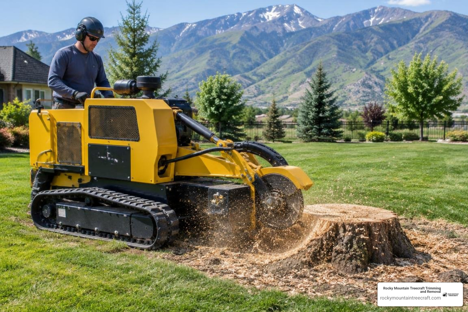 professional stump grinding equipment in residential yard