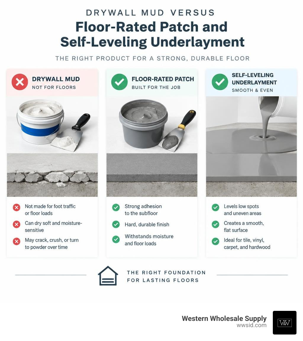 Drywall mud versus floor-rated patch and self-leveling underlayment infographic Drywall mud versus floor-rated patch and self-leveling underlayment infographic