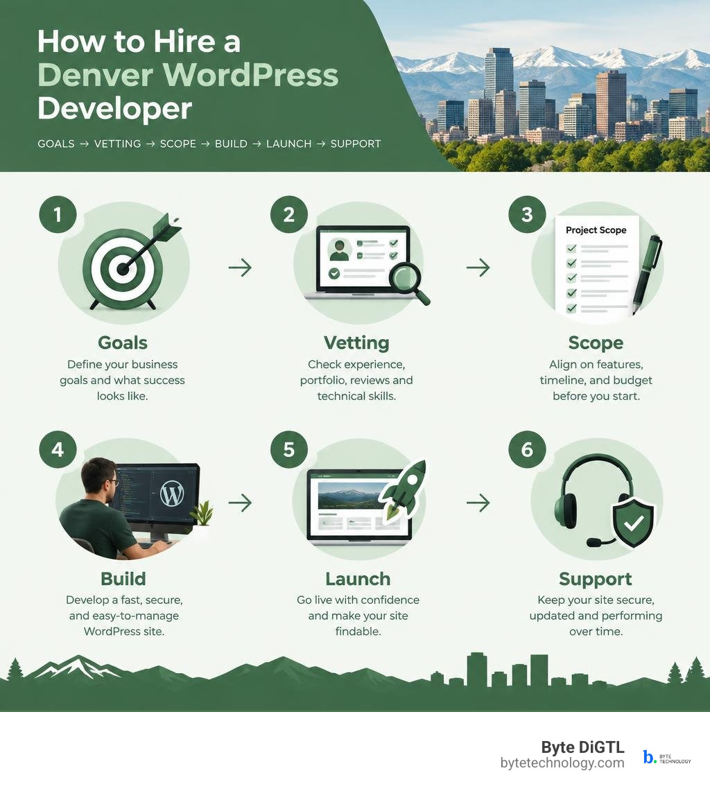 How to hire a Denver WordPress developer: goals, vetting, scope, build, launch, support infographic