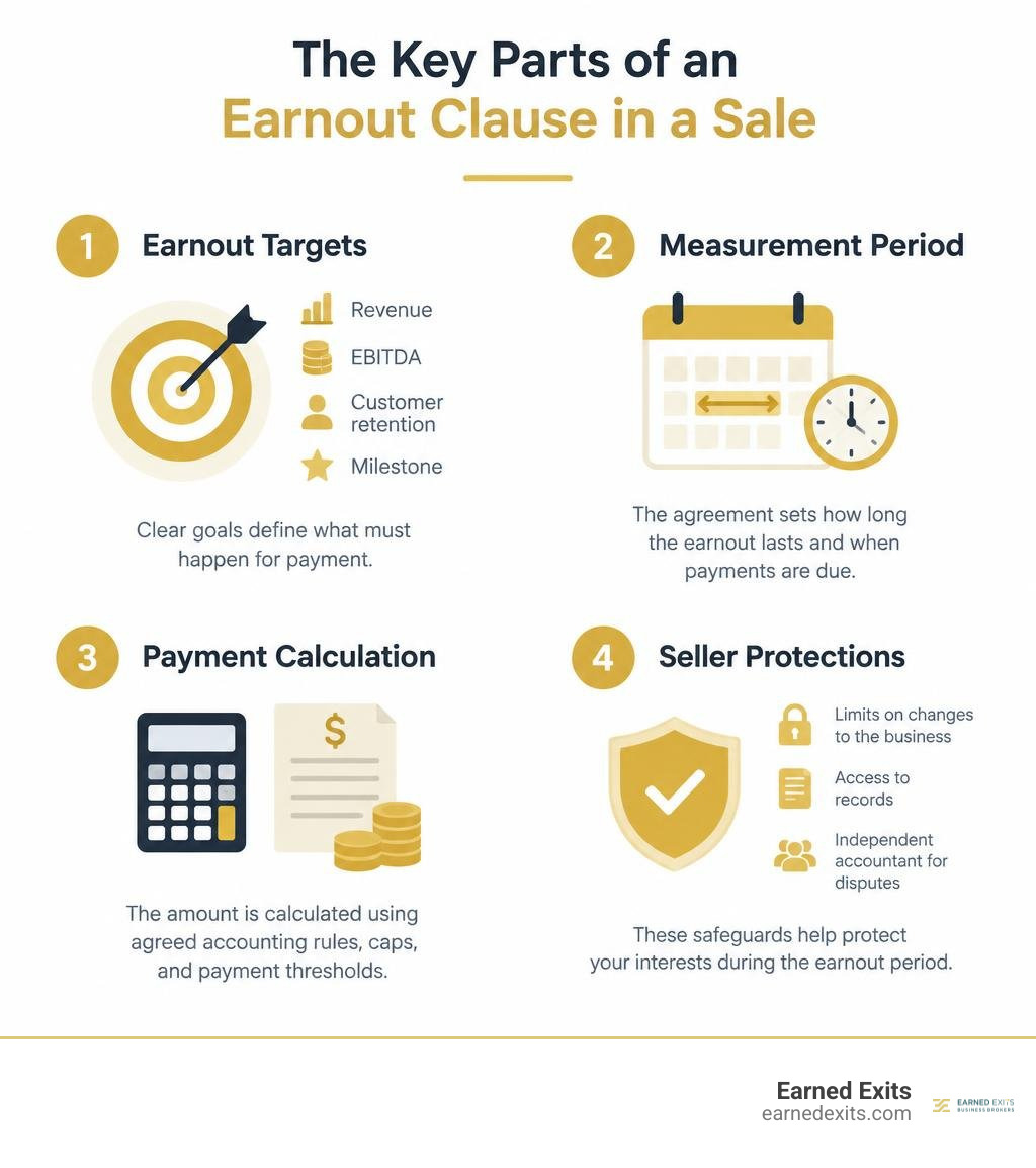 Infographic showing earnout targets, measurement period, payment calculation, and seller protections infographic Infographic showing earnout targets, measurement period, payment calculation, and seller protections infographic