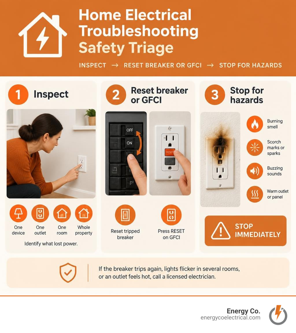 Home electrical troubleshooting safety triage: inspect, reset breaker or GFCI, stop for hazards infographic