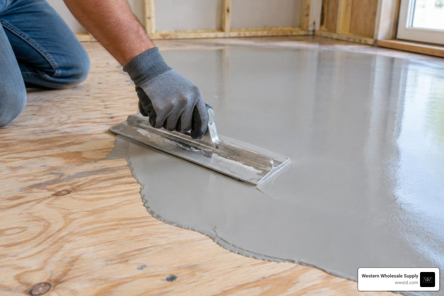 spreading polymer-modified floor patch with a trowel spreading polymer-modified floor patch with a trowel