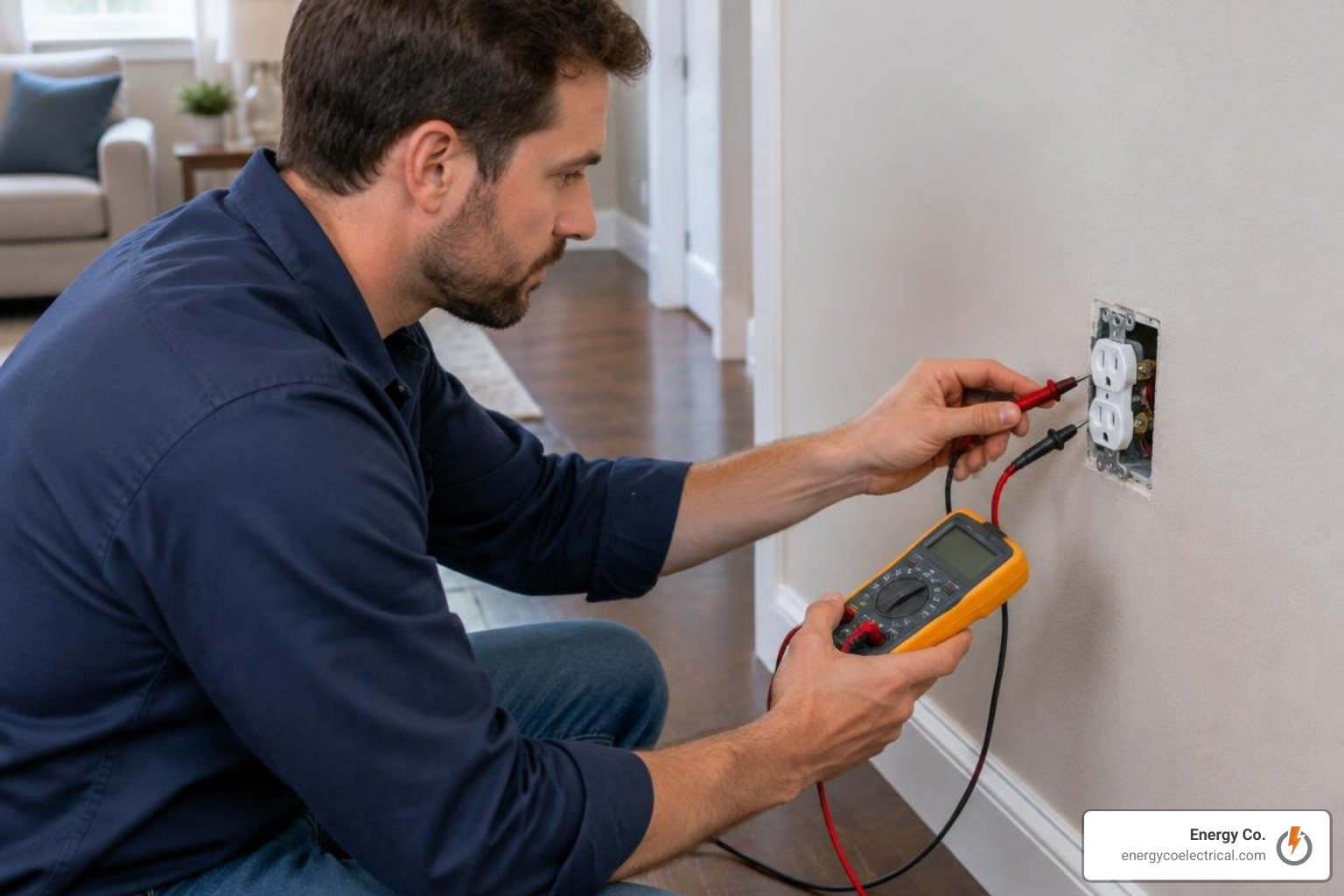 Technician troubleshooting a dead wall outlet with a digital multimeter