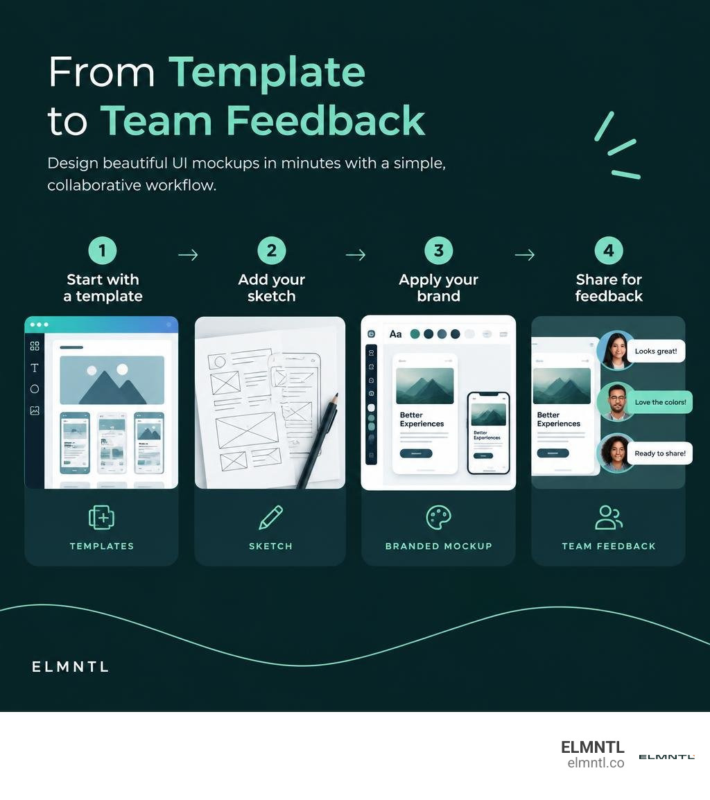 Infographic showing Canva UI design from template and sketch to branded mockup and team feedback infographic