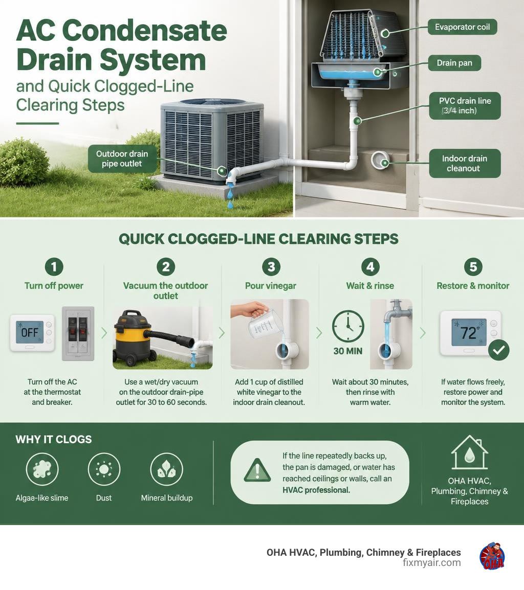 AC condensate drain system and quick clogged-line clearing steps infographic