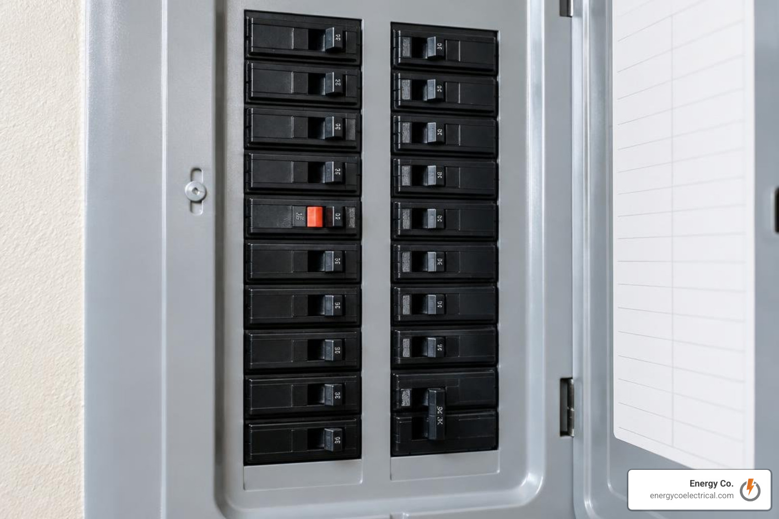 Close-up of a home breaker panel showing a tripped breaker resting in the center position
