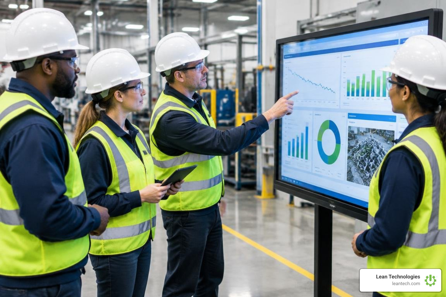 Production team reviewing scrap reduction metrics on a digital shopfloor board