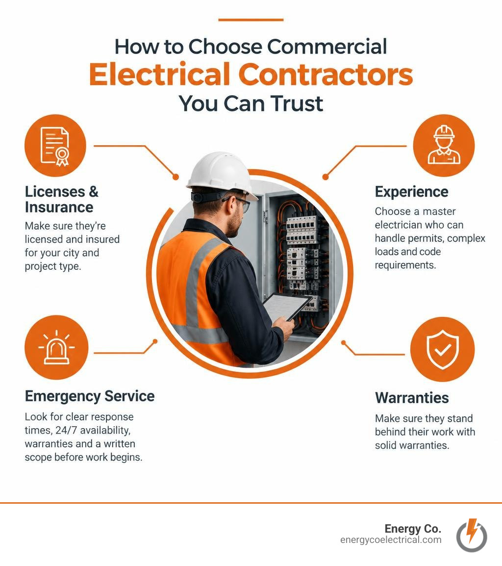 Commercial electrical contractors – Infographic showing contractor selection criteria: licenses, experience, emergency service, warranties infographic