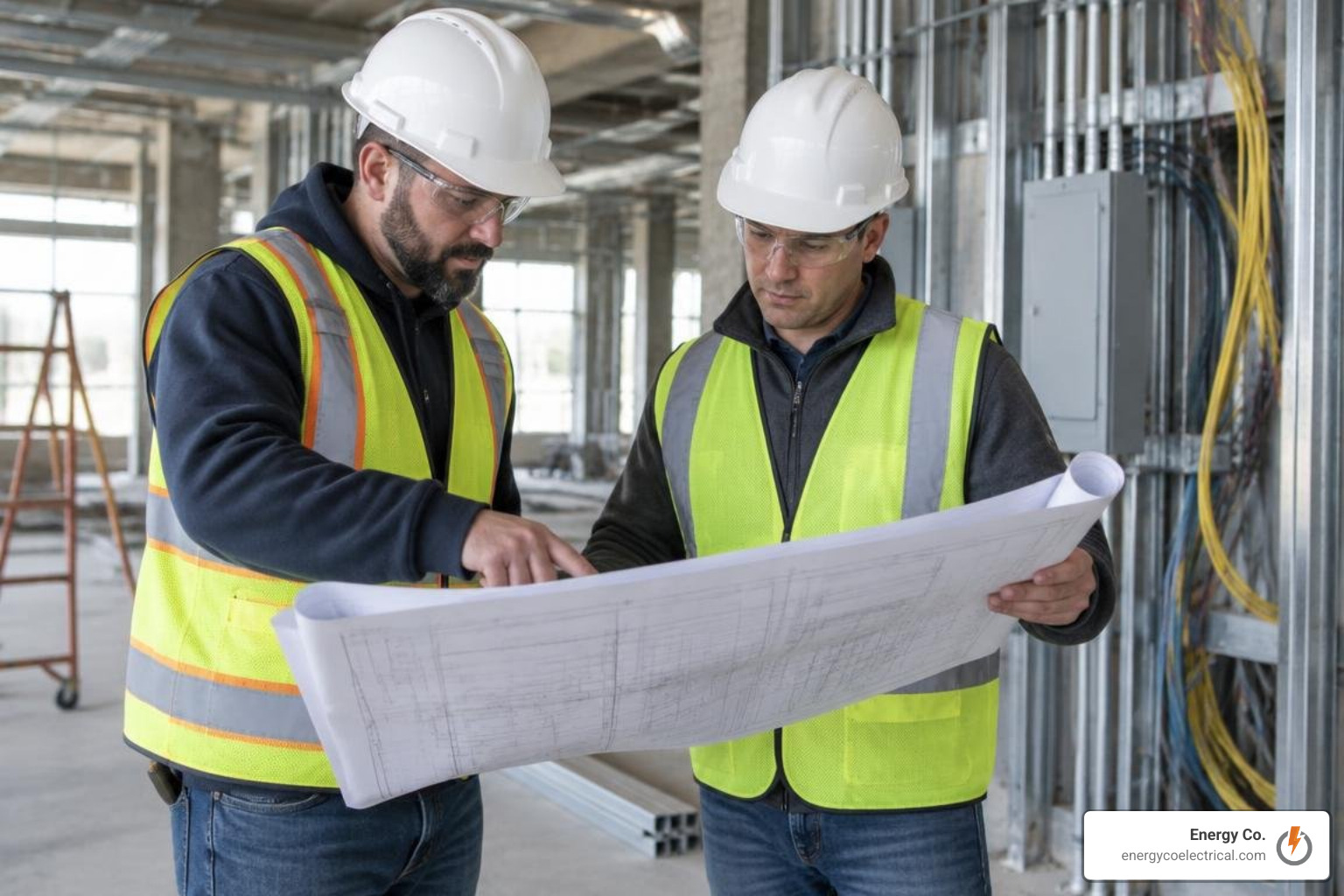 Licensed electricians reviewing commercial blueprints on-site